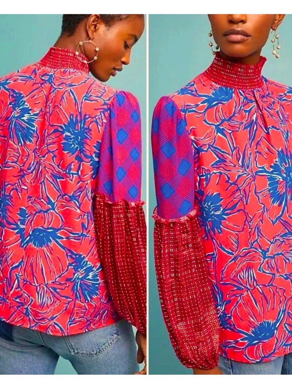 Anthropologie Bl^nk London Vivant Mix Print Red & Blue Mock Neck Peasant Blouse - Picture 2 of 7